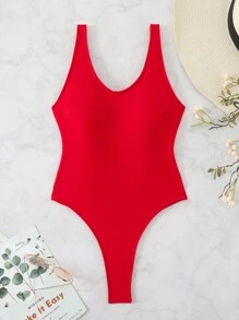 Swim SXY 1 件女式纯色露背连体泳衣，适合海滩和度假夏季 - 紅色 - 查看 4