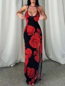 Women Floral Printed Elegant Sexy Bodycon Backless Spring Summer Party Vacation Festival Long Spaghetti Strap Dress