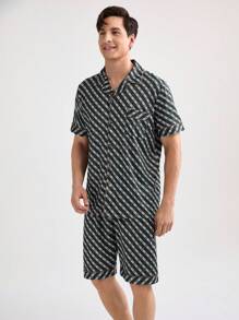 男士格紋短袖短褲夏季家居套裝 - 軍綠色 - 查看 5