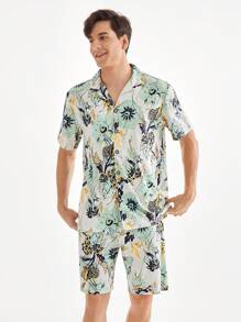 Men's Summer Floral Printed Short Sleeve Shorts Homewear Set