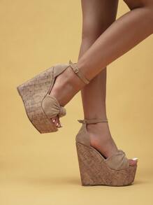 坡跟厚底蝴蝶结复古编织凉鞋，木纹图案，交叉/裸露/弹力/后跟绑带设计，适合女士春夏装扮/度假；波西米亚风/性感夜店绑带高跟鞋，旅行必备 - 杏色 - 查看 4