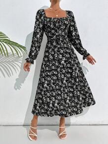 EURMUSE Shirring Bust With Straps Lace-Up Ruffle Long Sleeves Side Split Long Dress - Multicolor - View 4