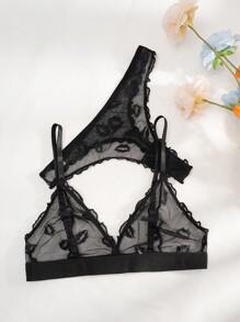 PetitDoll Breathable Lip Pattern Mesh Triangle Cup Bra And Thong Set Wireless Lingerie - Black - View 5