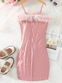 Tween Girl Summer Solid Color Fluffy Splice Sleeveless Slip Dress - Pink - View 2