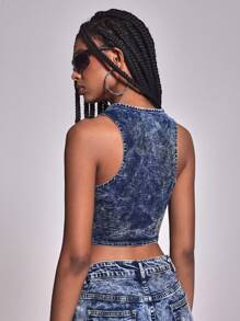 Metallic Embellished Denim Washed Sleeveless Camisole Top - Medium Wash - View 7