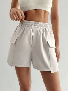SHEIN Unity Solid Color Drawstring Waist Workwear Sport Shorts - Apricot - View 1