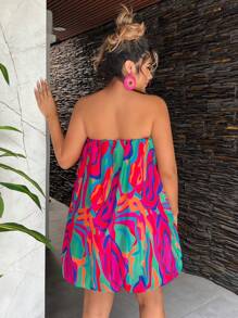 SHEIN SXY 收褶泡泡印花短款無肩帶假期連衣裙 - 彩色 - 查看 2