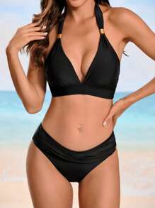 SHEIN Swim 女士纯色露背系带性感比基尼套装，适合海滩度假夏季 - 黑色 - 查看 1