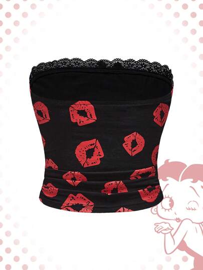 Betty Boop | ROMWE Top tubo estampado con los labios de un personaje de dibujos animados con encaje de contraste para el verano
