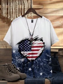 EMERY ROSE Women's Plus Size Casual Independence Day Pattern V-Neck Short Sleeve T-Shirt, Summer