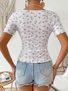 SHEIN Frenchy Women's Summer Floral Printed Drawstring Crop Top Short Sleeve Slim Fit T-Shirt - Mauve Purple - View 2