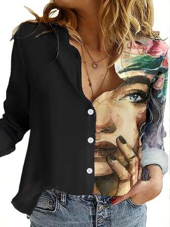 เสื้อเชิ้ต ผู้หญิง แฟชั่น หลวมสบาย ๆ พอดี ด้านเดียว รูปคน พิมพ์ แขนยาว ปกเสื้อ เป็นมิตรกับผิว