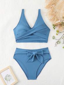SHEIN Swim Conjunto de bikini sólido con cruce en el pecho y diseño sexy para mujeres en vacaciones