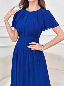 Modelyn Abito da donna lungo, casual, estivo, a tinta unita, con scollo tondo e vita stretta - Blu reale - Visualizzare 4