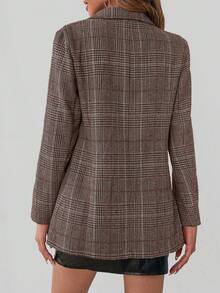 Women's Contrast Plaid Lapel Single-Breasted Blazer - Mocha Brown - View 2