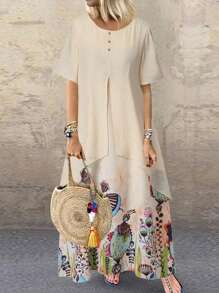 INAWLY Women's Round Neck Short Sleeve Dress - Apricot - View 1