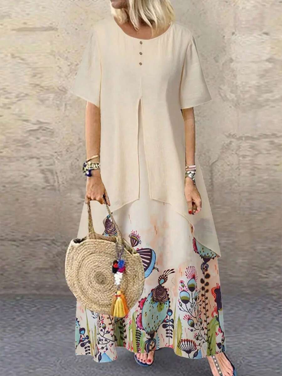INAWLY Women's Round Neck Short Sleeve Dress - Apricot - View 1