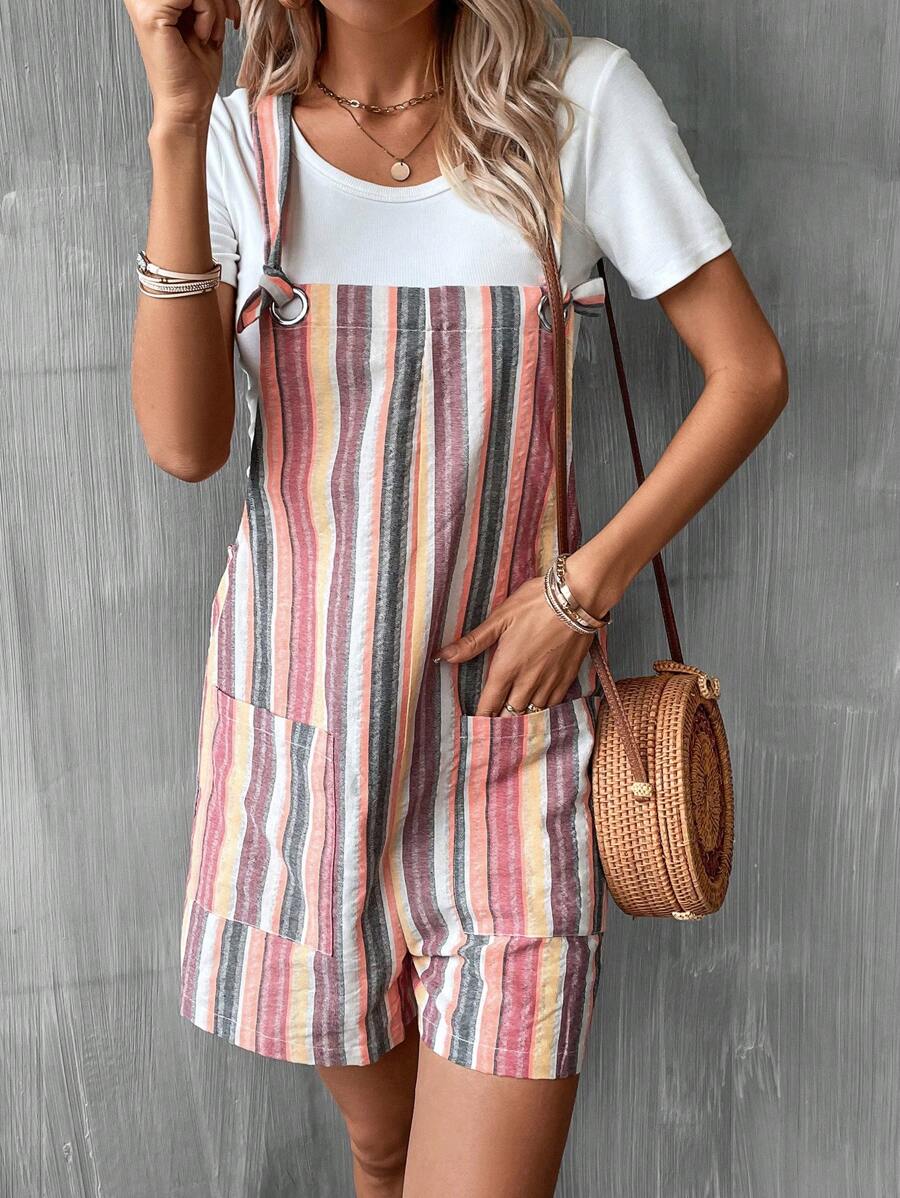 SHEIN LUNE Quần yếm sọc cầu vồng dệt nhiều màu thời trang dành cho nữ Plus Size - Nhiều màu - Xem 1