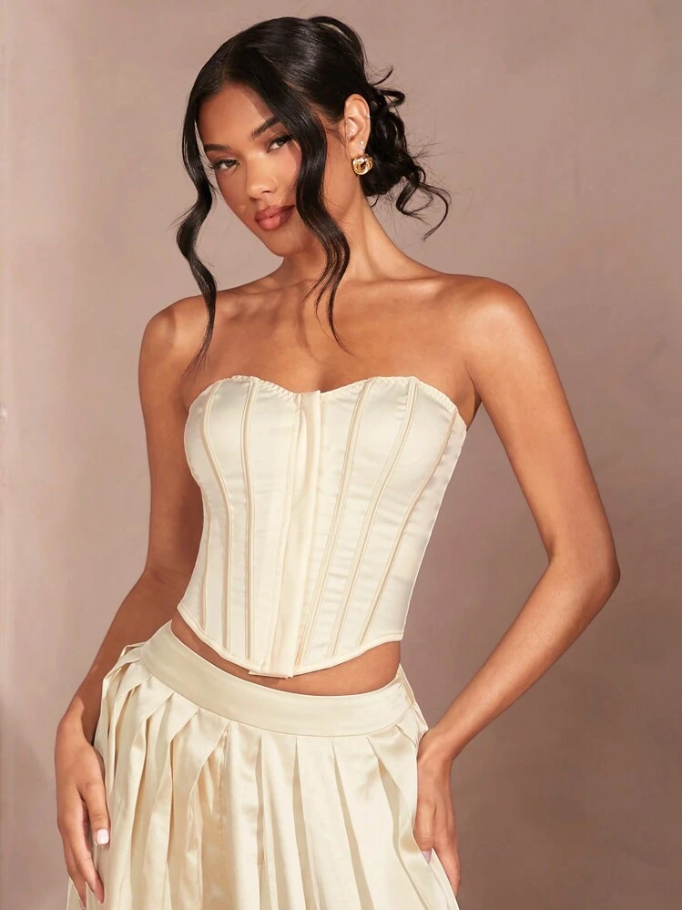 トップス SORIN Fur Ribbons Decorated Bustier SHEIN BAE BUTTERCREAM VIV SATIN BUSTIER TOP Women's Elegant