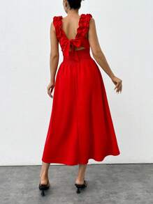 EURMUSE ROMANTIC RUFFLED RIBBON DETAIL ELEGANT DRESS - Red - View 2