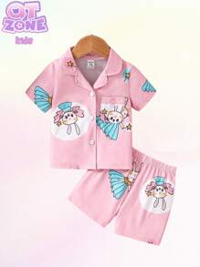 SHEIN طقم سهل الياقة والأكمام القصيرة للفتاة الرضيعة، يتكون من ملابس علوية وسروال قصير عاري الذراعين، مريح للارتداء في الأوقات العادية. - وردي - مشاهدة 1