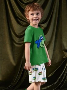 TEENAGE MUTANT NINJA TURTLES | SHEIN 男童绿色卡通印花短袖上衣短裤套装夏季家居服套装 - 綠色 - 查看 4