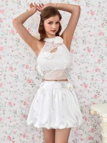 Chiquease Sweet And Pure Lace 3D Flower Asymmetrical Design Waist-Cut Ruffled Top With Detachable Satin Bud Belt And 3D Flower Mini Skirt Set - White - View 4