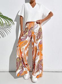RueChic V-Neck White Tee And Pesley Printed Pants Boho Vacational 2pcs Set - Orange - View 5