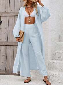 Breezaya Conjunto de blusa larga con mangas kimono y pantalones sólidos de color para vacaciones - Azul - Ver 1