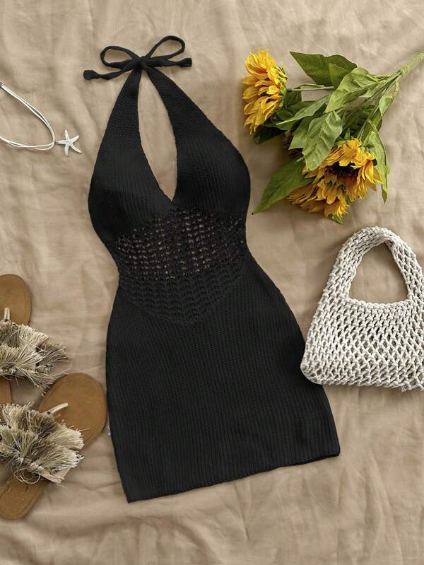 Soleia Holiday Halter Backless Knit Dress With Bodycon Fit And Neck Tie