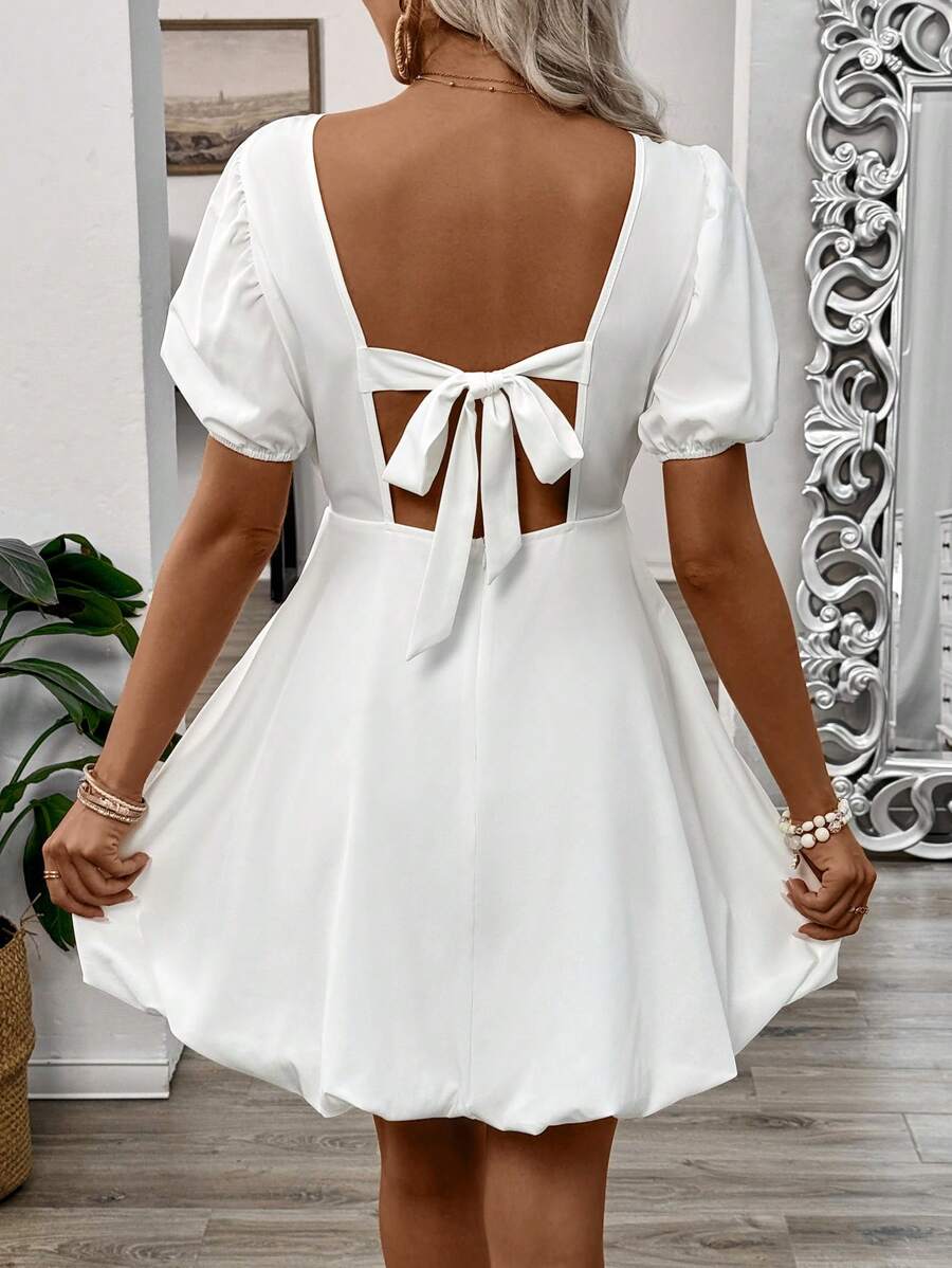 Chiquease Women's Summer Solid Color Elegant & Charming Backless Puff Sleeve Dress With Tie Straps - White - View 1
