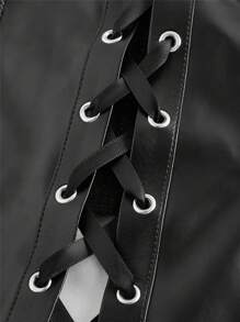 ROMWE Goth 深色性感 Y2K 女士 PU 皮革拼接蜘蛛网蕾丝下摆蝙蝠形状黑色和红色撞色紧身胸衣式背心女士图案 T 恤女士上衣 - 彩色 - 查看 5