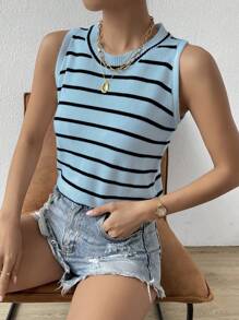 Chiquease Summer Casual Striped Color Block Sleeveless Knitted Top