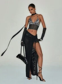 Studio Mila Sanchez Artist Dark Casual Printed Mesh Crop Halter Top For Women, Holiday, Going Out, Festival, Western Wear - Black - View 2