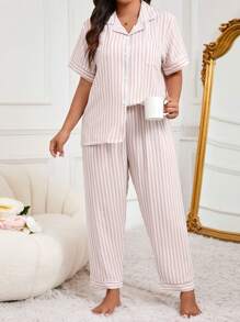 Short Sleeve And Long Pants Loose Pajama Set With Pink And White Striped Print - Pink - View 4