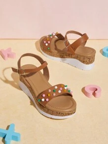 Mini mi Children Colorful Decorated Peep Toe Flat Sandals With Wedge Heel - Brown - View 2
