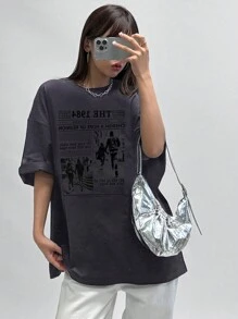 DAZY 女士夏季休闲合身休闲 T 恤，带有标语和人物印花，圆领和落肩袖，珍惜团聚的希望图案 T 恤超大 T 恤 - 深灰色 - 查看 3