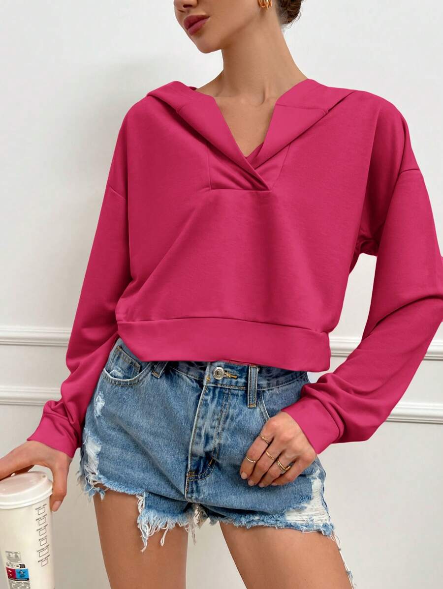 RueChic Solid Drop Shoulder Hoodie - Pink - View 1