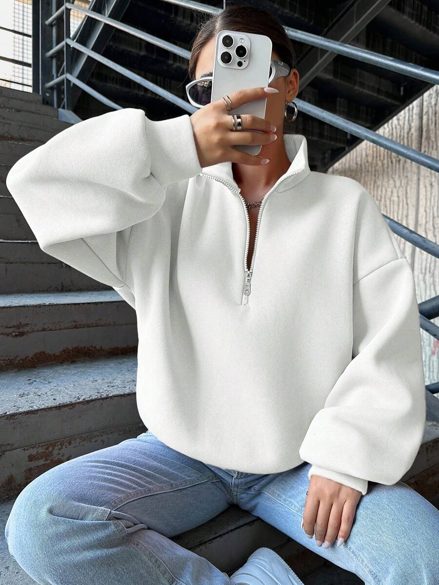 SHEIN Cottnline Women's Solid Colored Turn-Down Collar Drop Shoulder Sweatshirt - White - View 1