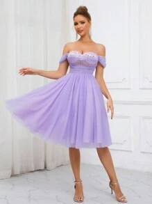 SHEIN Belle Elegant, Romantic, Cute, Charming, Gorgeous Women Lavender Purple Off Shoulder Fishbone Cup Ruched High Waist A-Line Dress With Netting, Bead & Sequin Embellishments, Flared Hem, Ideal For Mother's Day, Holiday Season, Graduation Season, Back To School, Parties, Cocktail Parties, Gatherings, And Afternoon Tea Dates. - Mauve Purple - View 6