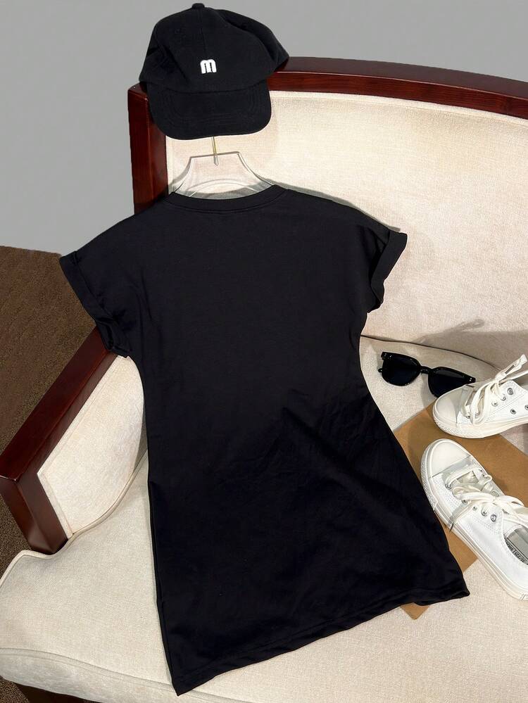Tween Girl Casual Short-Sleeve Dress With Hotfix Letter Design For Summer