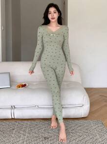 DAZY Lace Patchwork Floral Allover Print Long Sleeve Top And Long Pants Pajama Set With Ruffle Hem - Green - View 5