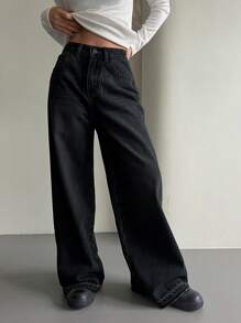 DAZY 女士休闲阔腿牛仔裤，水洗牛仔布，休闲版型，宽松牛仔裤，返校服装 - 深灰色 - 查看 5