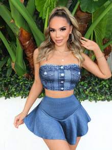 SHEIN SXY Roupa de Verão Feminina, Top Tubo de Efeito Denim com Bolso, Top Babado, Shorts, Conjunto Feminino - Azul - Visão 3