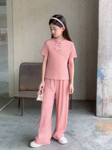 Tween Girl Summer Casual Solid Color Stand Collar Buttoned Short Sleeve Top And Long Pants Set - Pink - View 4