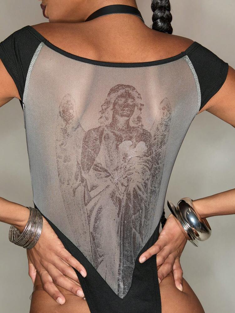 Artist Y2K Casual Letter Print Slim Fit Bodysuit, Sexy & Fashionable, For Summer, Holiday, Vacation, Beach, Festival
