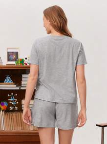 THE BIG BANG THEORY X SHEIN Themed Solid Color Print Short Sleeve T-Shirt & Shorts Pajama Set For Women - Light Grey - View 2