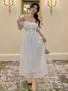 DAZY Women's Ruffle Short Sleeve Waist Cinched Dress Sundress - White - View 7