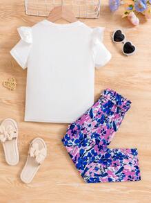 Young Girl Summer Holiday Casual Comfortable Printed Ruffle Trim Top & Pants Two Pieces Set - Royal Blue - View 2