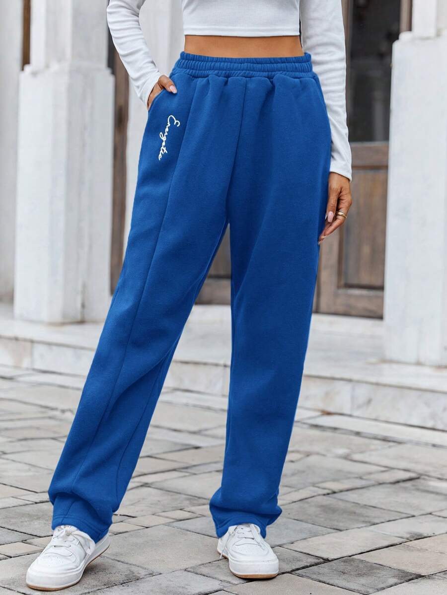 SHEIN Cottnline Women's Letter Print Straight Sweatpants - Royal Blue - View 1